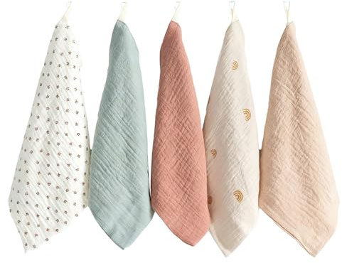MVOLEGDE Pack of 5 Baby Muslin Washcloths, 23x23 cm Baby Waschlappen Neugeborene, Cotton Soft Burp Cloths Baby, Face Towels and Bath Towel, für Babys Jungen Mädchen(Zufällige Farben und Muster)