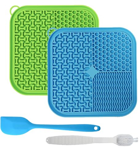 2 Pcs Licky Mats for Dog Cat, Slow Feeding Lick Mats with Suction Cups, 100% Food Grade BPA Free, Feeding & Licking Lick Mat Bathing and Training, Anxiety Relief Dog, Spatula & Brush (Blue & Green)