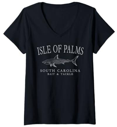 Womens Isle of Palms SC Shark Fishing Arched Grey Letters V-Neck T-Shirt