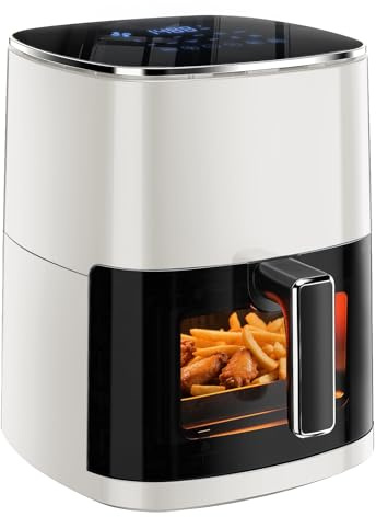 Simple Deluxe 12-in-1 Air Fryer 6.34 Qt, Digital Preset Airfryer with Visible Window, Nonstick and Dishwasher-Safe Basket, Air Fry, Roast, Bake, Dehydrate, Fries, 1700W, Beige