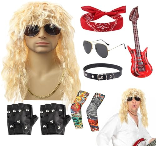 Zahoken Men's Rocker Costume - Heavy Metal Cosplay Outfit | Punk Wig Outfit Set for Men Party Holiday Stage Performance Beach Outdoor Musical Festival Halloween Events