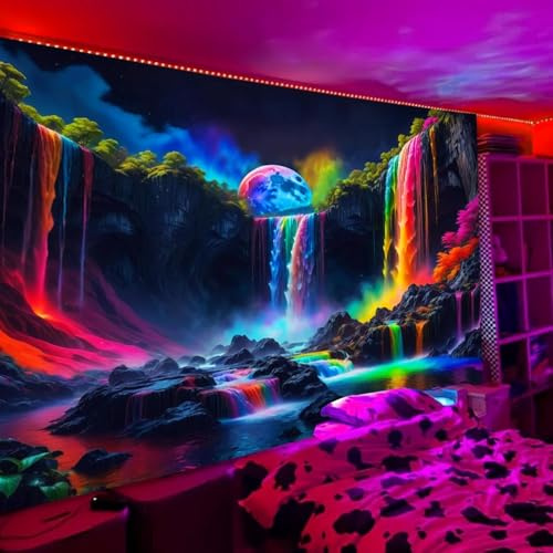 Simpkeely Schwarzlichter Fantasy-Wasserfall-Planet Wandteppich, UV-reaktiver Naturteppich, Neon-Landschaft, Berg-Wellen-Wandbehang – 240 x 320 cm