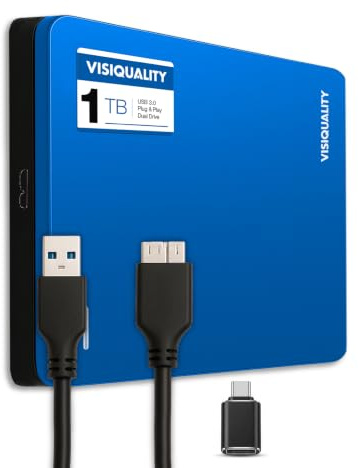 VisiQuality Disque Dur Externe Haute Vitesse 1 to, USB 3.0, Compatible avec Windows et Mac, Plug and Play, pour PS4 et Xbox, Compact, Disponible en 3 Couleurs (Bleu)
