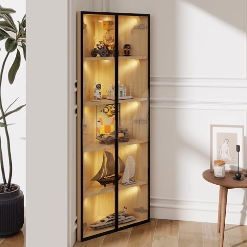 Merax LED-Glasvitrine Eckvitrine aus Eiche, Schrank mit staubdichten Türen, Sammlungsvitrine, Bücherregal, Weinschrank, Badezimmerschrank, Soft-Close Türen,Eiche - 62x35x160 cm