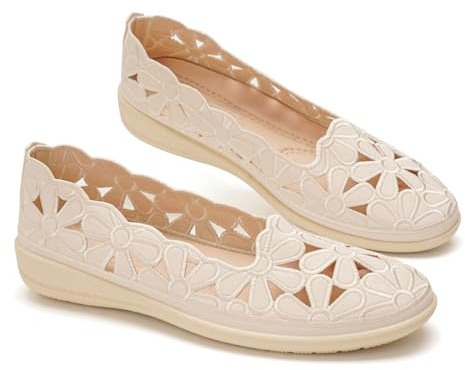 GLAMORA Bailarinas Mujer cómodas Verano, Zapatos con cuña Baja Calado Floral Transpirables, Suela Flexible Antideslizante, Plantilla Acolchada Confort beige-40