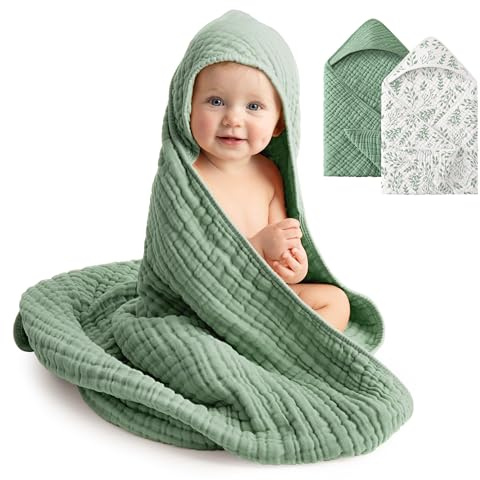 FIEMOL Baby-Badetücher aus 100% Baumwoll-Musselin, Kapuzenhandtücher für Neugeborene, 2er-Pack für Babys, Kleinkinder und Kinder, 83 x 83 cm, Unisex-Badeartikel, Weich und Saugfähig