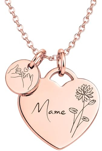 BS Schmuckdesign Personalisierte Kette Damen mit Gravur – Herzkette | mit Namen & Monatsblume, individuelle Wunschgravur hinten, persönliches Geschenk für Frauen