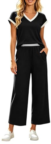 Generisch Sommer Outfit Damen, Zweiteiler Damen Sommer: 2 Teiler Jogginganzug Lounge Set Zweiteilig Kurzarm Tshirt V-Hals Und Hose Tracksuit Frauen Freizeitanzug Strand Urlaub Große Größe Schwarz 4XL