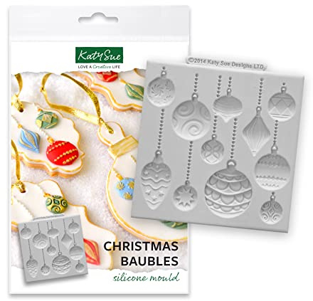 Katy Sue Christmas Baubles Silicone Mould for Christmas Cake Decorating, Cookie Decorating & Craft. Use with Fondant or Air Dry Clay from Katy Sue Moulds. Baubles Range from 32 to 20 Millimetres