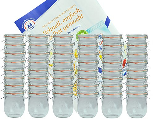 MamboCat 48er Set Weck Gläser 220 ml Tulpengläser mit 48 Glasdeckeln, 48 Einkochringen und 96 Klammern incl. Diamant-Zucker Gelierzauber Rezeptheft I Einweckgläser mit Deckel für Obst Gemüse UVM