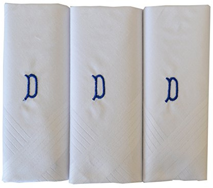 Herren/Männer 3er Pack Taschentücher, schlicht weiß mit Namensinitiale aus 1 Buchstaben, D