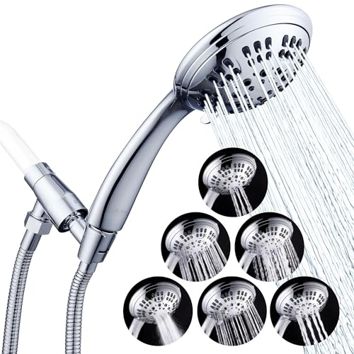 g-promise Hohe Druck Dusche Kopf, Premium 6 Spray Einstellung Handbrause, mit verstellbarem massivem Messing Dusche Arm Halterung, flexible Edelstahl-Schlauch und Teflonband, gebürstet, silber