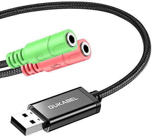 DuKabel Headset USB Adapter 1,2m für Computer, Laptop und PS4, A Stecker auf 2X 3,5mm TRS Klinke Buchse USB Soundkarte für Kopfhörer, Lautsprecher und 3 Pole TRS Mikrofon - Schwarz
