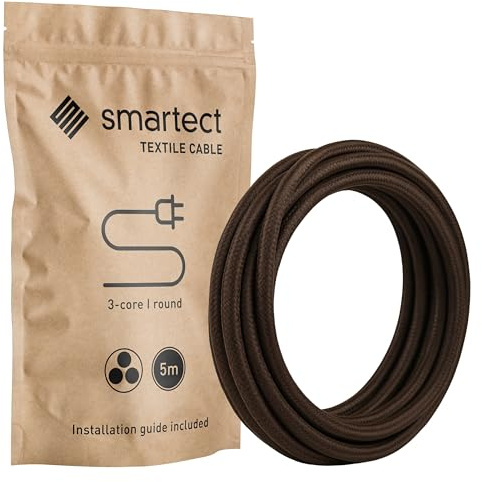 smartect Textilkabel Braun, 5 Meter Vintage Lampenkabel Stoff, 3-Adrig (3 x 0.75 mm²) Stromkabel Textilummantelt für eigenes DIY Projekt