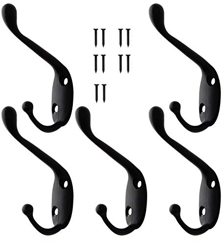 5 PCS Individual Vintage Antique Coat Hooks Wall Mounted Decorative Clothes Hat Hooks Double Prong Robe Hooks Single Screw In Door Hooks For Kitchen Bedroom Wall Bathroom Garage Hanging With Screws