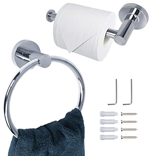 Toilet Roll Holder and Towel Rail Set Wall Mounted - 2 Pieces Chrome Tissue-Holder Towels Ring for Bathroom Kitchen Accessories Rustproof Waterproof, Silver