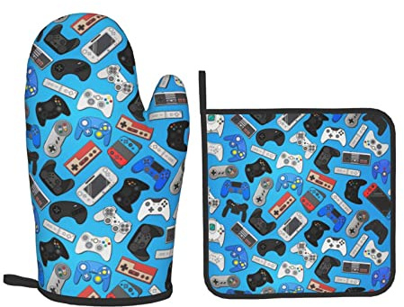 Oplp Video Game Controller Background Oven Mitts and Pot Holders Colorful Heat Resistant Oven Mitts Safe for Baking Cooking BBQ