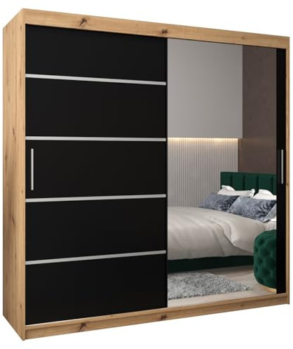 MEBLE KRYSPOL Kleiderschrank mit Spiegel Verona 2 - Garderobenschrank - Schrank Schlafzimmer - Mehrzweckschrank Zwei Schiebetüren - Regalen - Flur Möbel - Kleiderstange Schrank - Allzweckschrank