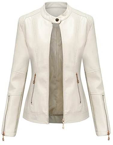 Veste en Cuir DéContractée pour Femme Manteau De Motard éLéGant à Col Montant Et Fermeture éClair Vestes Courtes Amincissantes LéGèRes (Blanche,XXL)