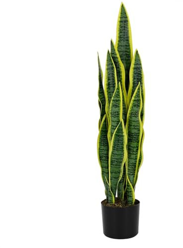 TONAHUTU Künstliche Schlangenpflanze, 88,9 cm, grüne künstliche Sansevieria, Mini-Pflanze mit schwarzem Kunststoff-Übertopf, 21 dicke Blätter für Zuhause, Büro, Bauernhaus, Innendekoration (gelb)