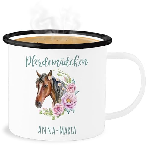 Emaille Becher Blechbecher - Pferde - Pferdemädchen Geschenk Pferd mit Name personalisiert I Pferdeliebhaber Sparbüchse - 300 ml - Weiß Schwarz - tasse pferdemotiv pferden