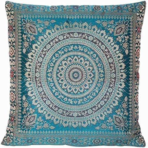 Ruwado Türkis & Dunkelblau Seide Kissenbezug | Zierkissenbezug | Sofakissenbezug | Dekokissen - 40 cm x 40 cm, Handgewebt und Handgefertigt von Kunsthandwerkern aus Indien