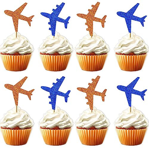 24Pcs Airplane Cupcake Topper Decorations Glitter Blue Orange Airplane Birthday Cake Decorations for Boys Girls Baby Shower Party Decorations Supplies