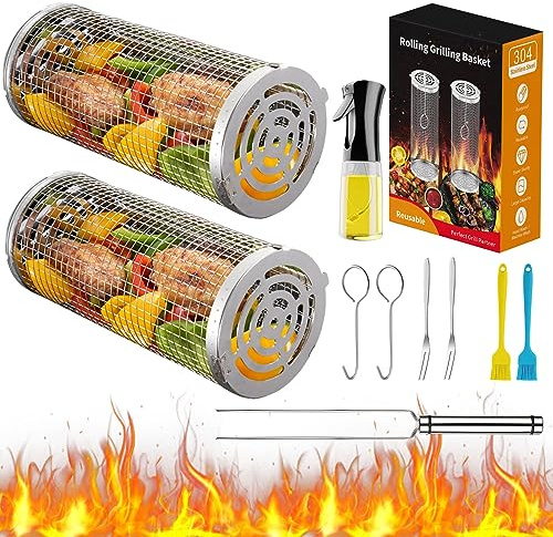 Rolling Grilling Baskets for Outdoor Grill Bbq ，Stainless Steel Grill Mesh Barbeque Grill Accessories,Outdoor Round BBQ Stainless Steel Grill Basket Campfire Grill Grid - Camping Picnic Cookware (2pc-12.2in*3.9in+11.8in*3.5in)