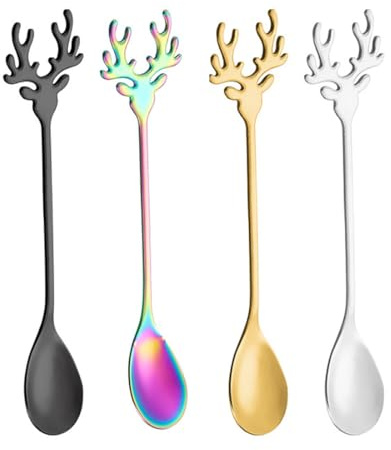 BZKSER Elch Löffel Rührlöffel Edelstahl - 4 pcs Elchlöffel Elch Kaffeelöffel Dessertlöffel Silber Süßer Weihnachtslöffel Elch Kuchenlöffel für Weihnachten Tee Milch Kaffee Dessert Getränke(4Farben)
