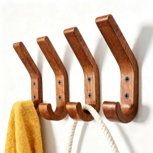 WJUAN Porte manteau mural bois - Lot de 4 patères en J Couleur noyer de 155 mm, Patere murale version améliorée, bois de Chêne de qualité A, Surface polie et huilée, pour Cuisine et Chambre