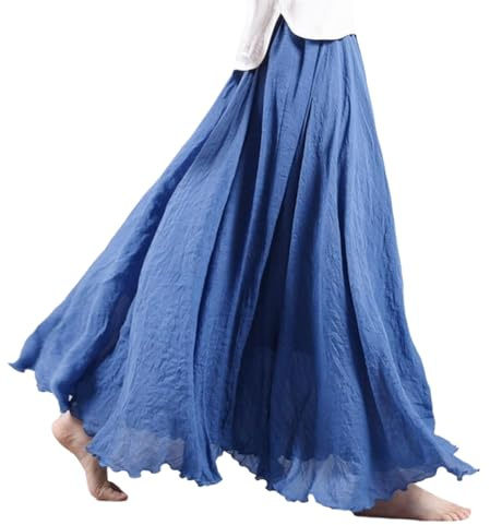 Beautyhis Falda bohemia de lino de algodón para mujer, falda larga de lino de verano para mujer, vestido acampanado con cintura elástica, faldas largas fluidas, azul vaquero, 44