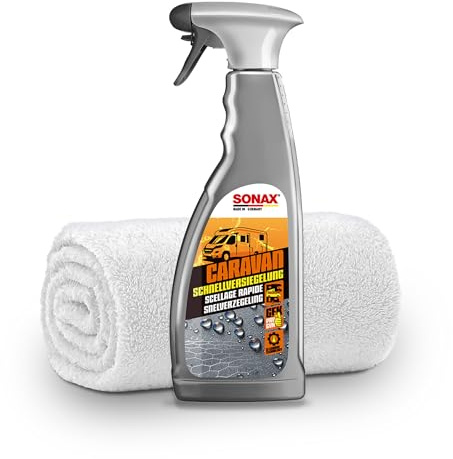 autopflege Wohnmobil Versiegelung Set | Sonax Caravan Schnellversiegelung 750ml + Poliertuch 550GSM randlos | Versiegelung und Schutz für alle äußeren Oberflächen an Caravan Wohnmobil Wohnwagen