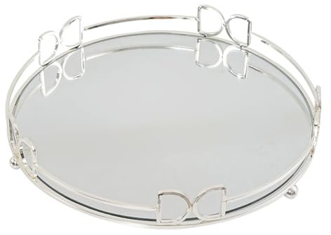Spiegel-Schminktablett, rund, Metall, Make-up-Tablett, Kosmetik, Parfüm-Tablett für Kommode, Badezimmer, Schlafzimmer, Arbeitsplatte, Organizer, Tablett, Silber 33 x 33 cm