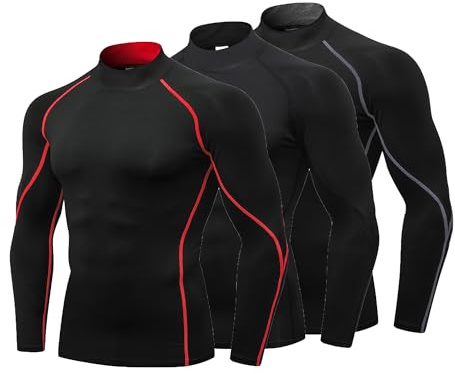 YUSHOW Lot de 3 T-Shirt Compression Homme Manche Longue Col Roulé,Tissu