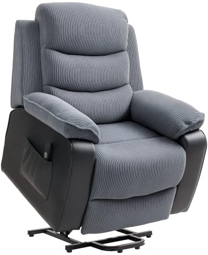 HOMCOM Fernsehsessel mit Aufstehhilfe Elektrisch Relaxsessel Dunkelgrau | Liegefunktion, Fernbedienung, Seitentasche, USB, Cord-Optik, Verstellbar