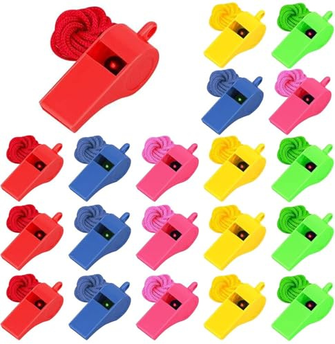 AJinacious 20 Pcs Plastic Whistles With Lanyard Set, Referee Whistle, Whistles with Lanyards Sport Whistle Children's Whistle for School Sports Training, Football, Security and Emergency Survival