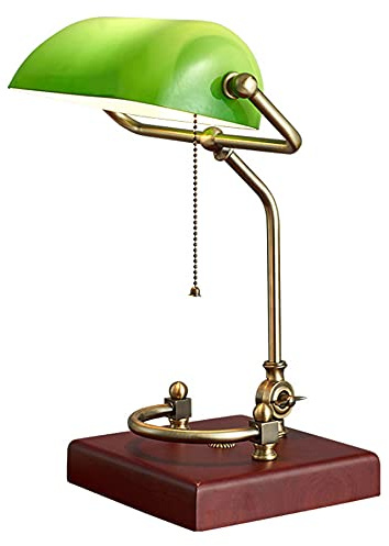 Lámpara de escritorio vintage de banqueros verdes con base de madera maciza de alta gama, luz de lectura tradicional con pantalla de vidrio verde, lámpara de oficina antigua para decoración de estilo