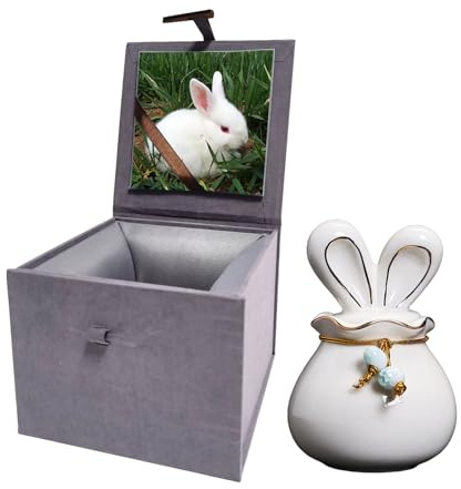 Urna de cerámica para cenizas para mascotas, urna de conejo con caja de exhibición de fotos, color blanco