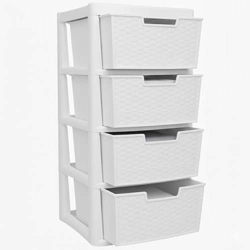 SIDSONS Large Rattan Storage Drawers - 4 Drawer Modular Storage Tower - Home Office Garage Storage Solution - White Chest Drawers Organization - 80cm (H) x 39cm (D) x 39cm (W)