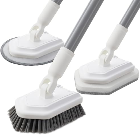 Mitclear Shower Scrub Brush, 3-in-1 Tile Tub Floor Scrubber Bathroom Cleaner with Long Handle(53IN), Scrubbing Brush Cleaning Tools with 3 Detachable Heads for Bath Kitchen Tub Tile Floors Walls