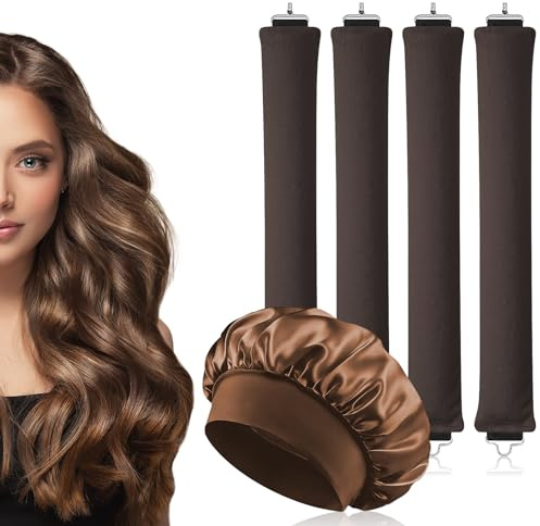 AOOWU Bigodino Lungo per Boccoli, 4 Pezzi Bigodini Senza Calore con Cuffia di Seta, Bigodini Morbidi per Dormire, Ferro Arricciacapelli Senza Calore, Velluto Fascia Morbida per Tutti Tipi Capelli