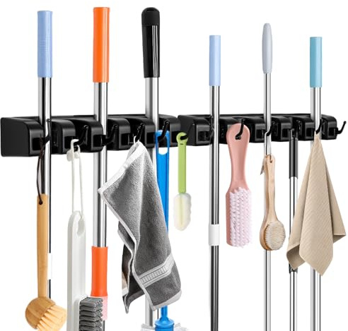 KMASHI Broom and Mop Holder, Wall Mounted Organizer Mop and Broom Storage Tool Rack with 5 Ball Slots and 6 Hooks (2PACK)