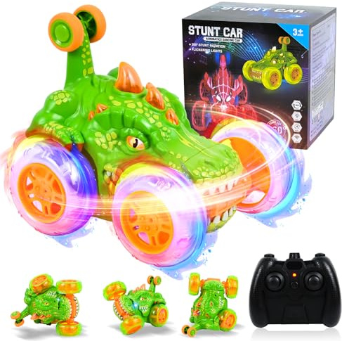 PATEMZON Ferngesteuertes Auto ab 3 4 5 6 7 8 Jahre, RC Auto 2.4Ghz 360° Flips mit LED Blinken Monstertruck, RC Stunt Auto, Spider, Dinosaurier Spielzeug, Geschenke für Kinder (Dinosaurier)