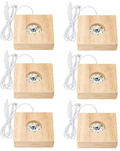 GOEDCH Lot de 6 socles lumineux LED : 8 × 8 × 2 cm, socle en bois DIY LE D avec lumière blanche chaude, réglage de la luminosité et port USB pour boules de cristal, blocs de verre, bijoux, plaques
