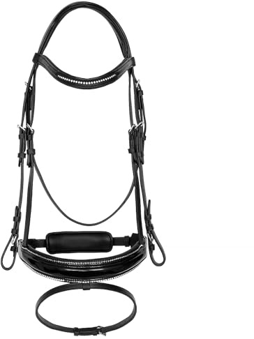 EQUESTRIAN QUEEN Trensenzaum anatomisch – Lackleder Strass Reitzaum mit weich gepolstertem Nasenriemen – Leder Zaumzeug für Warmblut – Elegantes Design - Orion (Schwarz, Full (Warmblut))