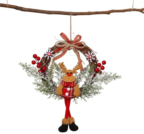 Weihnachten Deko Türkranz 35cm Weihnachtskranz Elch Rentier Puppe Willkommensschild Rattan-Girlanden-Kranz-Dekorationen Weihnachten Dekoration Für Wand Tür Fenster Kamin Hochzeitsfeier
