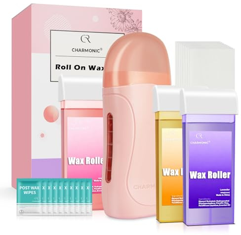 Roll On Wax Kit, Portable Wax Roller Kit for Coarse/Fine Hair Removal, Beginners Waxing Roller for All Skin Types with 3 Pcs 100g Roll Cartridge, 100 Non-Woven Strips & 10 After Oil Wipes (F1_Pink)