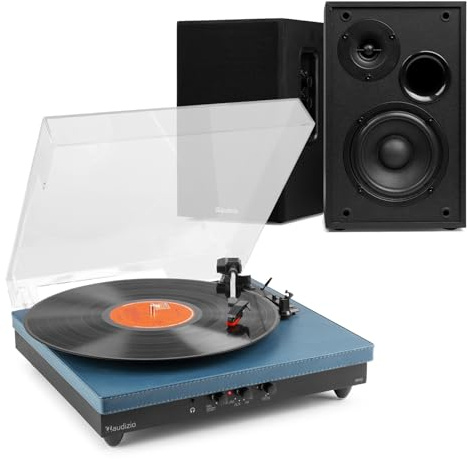 Audizio RP113D Bluetooth Record Player System with Stereo Bookshelf Speakers, Bluetooth, USB MP3, Headphone and RCA Output, Complete Home Turntable Audio Solution, 3-Speed, Blue