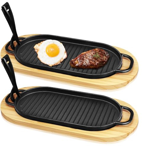 2er-Set Gusseisen Servierpfannen mit Holzuntersetzer & abnehmbarem Griff | Ovaler Sizzling Steak-Platte für Fajita, Grill & Gastronomie – 30 x 15,8 cm