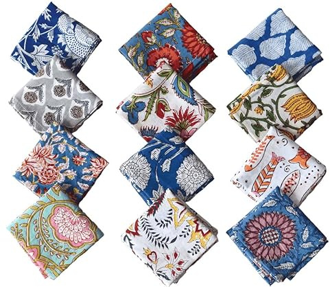 Assorted 10 Pcs Cotton Napkins Set – 100% Hand Block Printed Floral Bohemian Multicolor Reusable Table Napkins for Dinner, Party, Cocktail & Everyday Use – 10x10 Inch Cloth Napkins